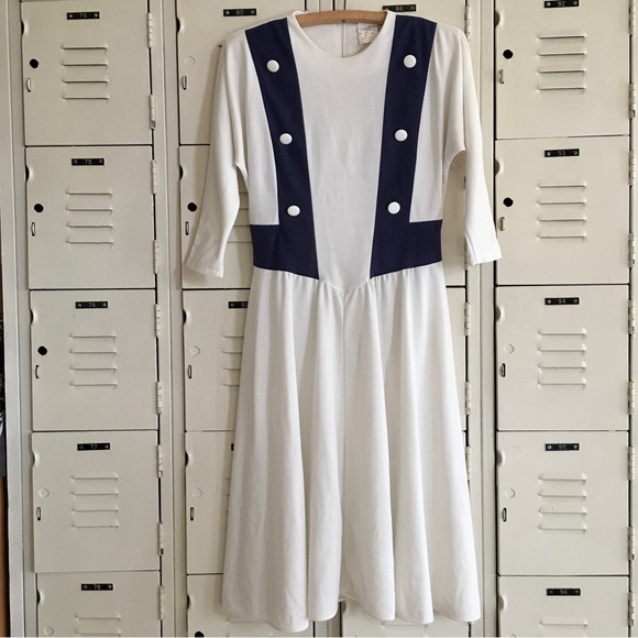 Vintage wool blend Tradition Sears cream and navy blue batwing midi dress size 8 - Picture 8 of 16